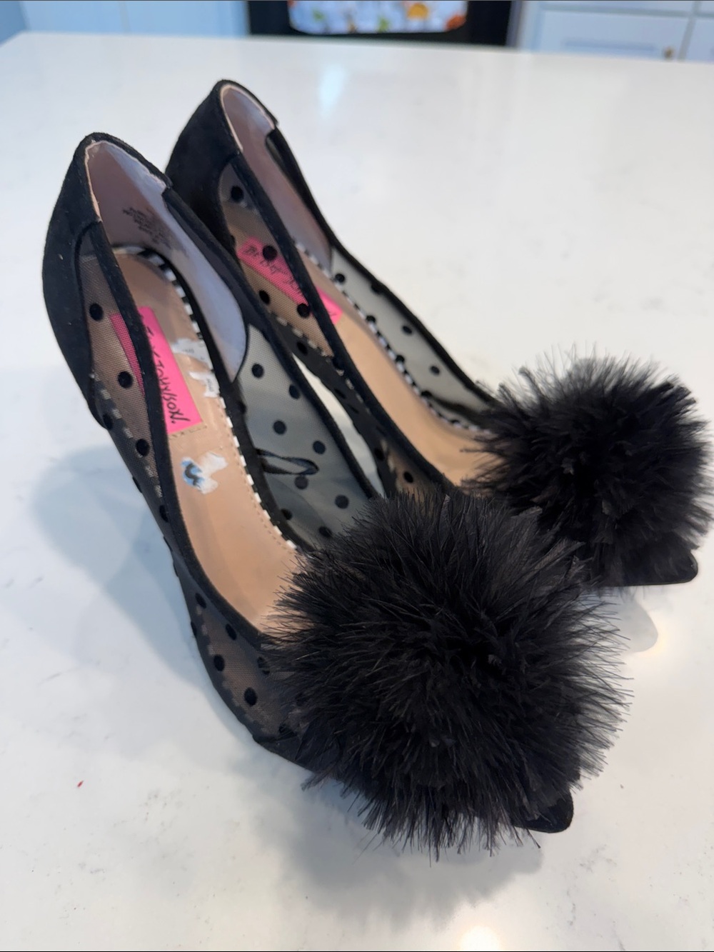 Betsey Johnson Black Polka Dot Mesh Pumps with Black Pom Pom